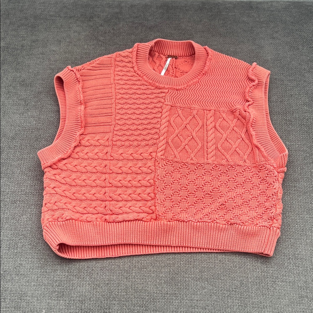 Free People Coral Patchwork Cable Knit Sleeveless Vest